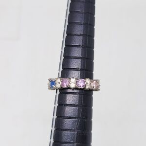 Vtg Sterling Silver Rainbow Birthstone Amethyst Blue Pink Gem Ring Band Size 5